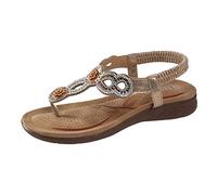 Générique 2026 Femmes Sandales Élastique Cheville Sangle Casual Bohème Plage Chaussures Strass Décor Toe Post Thong Sandales (F-Rose Gold, 37)