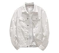 Générique 2026 Hommes Printemps et Automne Mode Loisirs Couleur Unie Boucle Denim Jcket Manteau Haut Chemisier (White, L)