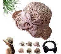 Générique 2026 New Elegant Woven Straw Sun Hat with Bow, Versatile Retro Handmade Beach Straw Hat for Women, Crushable & Breathable (Pink-A)
