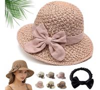Générique 2026 New Elegant Woven Straw Sun Hat with Bow, Versatile Retro Handmade Beach Straw Hat for Women, Crushable & Breathable (Pink-B)