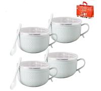 Générique 2026 New Set of 4 25-Oz Mug Meals W/Lid-Its, 25 Oz Mug Meals with Lids & Handles Spoon, Round Holiday Meal Mugs for Coffee Soup Stew (4*Blue)