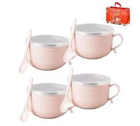 Générique 2026 New Set of 4 25-Oz Mug Meals W/Lid-Its, 25 Oz Mug Meals with Lids & Handles Spoon, Round Holiday Meal Mugs for Coffee Soup Stew (4*Pink)