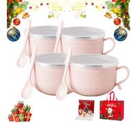 Générique 2026 New Set of 4 25-Oz Mug Meals with Lids,Large Ceramic Meal Mugs with Handles & Spoon,Microwave-Safe Microwave Soup Mugs for Coffee,Soups,Stews,Holiday Christmas (4PCS-Pink)