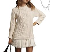 Générique 2026 New Women Cable Knit Sweater Dress Crewneck Patchwork Long Sleeve Knit SweaterDresses (Beige,S)