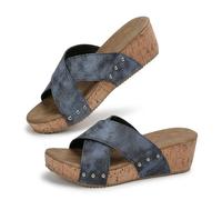 Générique 2026 Platform Wedge Cork Sandal Open Toe Slip on Womens Slide Sandals Summer Platform Wide Width Mules Sandals Women's Criss Cross Platform Wedge Sandals (Navy Blue,43)