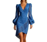 Générique 2026 Robe décontractée élégante Manches Longues col Fantaisie Fermeture éclair Franges Style bohème Fluide pour Femmes (Blue, L)