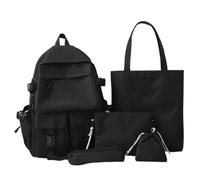 Générique 2026 Sac à dos d'école en nylon pour filles, léger, élégant, bicolore, avec ensemble de 5 pièces, durable et spacieux, pour collégiennes (Black, One Size)