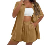 Générique 2026 Tailleur Femme en Lin 2 Pièces Ensemble Chic et ÉLégant Pantalon Shorts Fluide et Chemise Boutonnées Col Revers Tenue Mariage Décontracté Printemps Été Léger Respirant
