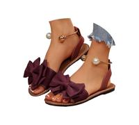 Générique 2026 Women’s Bow Accent Slingback Flat Sandals, Summer Shoes Pearl Ankle Strap Open Toe Party Footwear Elegant Sandals (Wine,36)