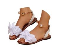 Générique 2026 Women’s Bow Accent Slingback Flat Sandals, Summer Shoes Pearl Ankle Strap Open Toe Party Footwear Elegant Sandals (White,38)