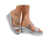 Générique 2026 Women's Glitter Strappy Wrapped Wedge Heel Platform Sandals, Summer Comfortable Beach Glitter Strappy Double Strap Non Slip (Slivery,40)