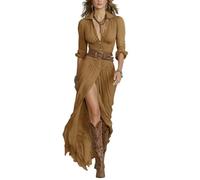 Générique 2026 Women's Long Sleeve Button Front Maxi Dress Asymmetrical Ruched Country Concert Western Cowgirl Flowy Dresses (Camel,S)