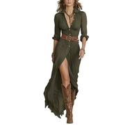 Générique 2026 Women's Long Sleeve Button Front Maxi Dress Asymmetrical Ruched Country Concert Western Cowgirl Flowy Dresses (Army,3TG)