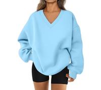 Générique 2026 Womens Sweatshirt Oversized V Neck Fleece Pullover Sweaters Cute Y2K Casual Comfy Fall Fashion Long Sleeve Tops (Sky,Grand)