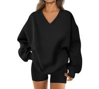 Générique 2026 Womens Sweatshirt Oversized V Neck Fleece Pullover Sweaters Cute Y2K Casual Comfy Fall Fashion Long Sleeve Tops (Black,S)