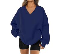 Générique 2026 Womens Sweatshirt Oversized V Neck Fleece Pullover Sweaters Cute Y2K Casual Comfy Fall Fashion Long Sleeve Tops (Navy,Grand)