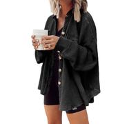 Générique 2026 Womens Waffle Knit Jacket Casual Oversized Button Down Shirt Women's Batwing Sleeve Waffle Knit Button Down Shirt (Black,M)