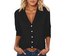 Générique 2027-Cardigan Femme col V Manches Trois-Quarts Pull boutonné Devant Fine décontractée Automne-Printemps Haut léger élégant pour Dames (Black, S)