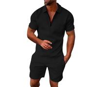 Générique 2027-Ensemble décontracté à Rayures pour Homme Haut Manches Courtes avec Fermeture éclair Chemisier Cordon Serrage Poche Tenue Courte idéale pour Vacances Set Printemps été (Black, M)