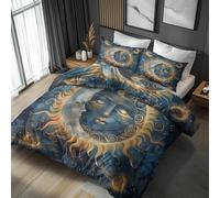 Générique 220x240 Housse de Couette Soleil et Lune Parure de Lit - 2 Personnes, 2 Taies d'oreiller 65x65, Motif Art Doré, Decoration Chambre, Microfibre Doux, Zippée - WA777