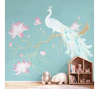 Générique 250 x 175 cm Papier Peint Intissé Oriental Oiseaux pour Cuisines Chambre, Geant Mural Papier Peint Photo Panoramique Paon Lotus pour Salon Chambre à Coucher Bureau