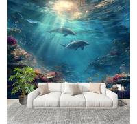 Générique 250x175 cm Seamless Join Easy Install Papier Peint Photo Dauphins D'Ocean World Durable Waterproof Removable Mural 200x140 Cm Bleu Papier Peint Anti-Stain Fresque Murale Grande