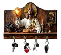 Générique 2D Flat Jesus Communion Wall Art Keychain Holder with 4 Hooks, Christian Autumn Wall Mounted Key Rack, Wooden Multifunctional Home Key Holder for Housewarming Gifts,Friends,Family