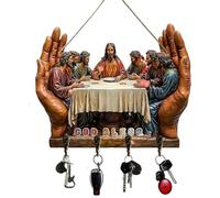 Générique 2D Flat Jesus Communion Wall Art Keychain Holder with 4 Hooks, Christian Autumn Wall Mounted Key Rack, Wooden Multifunctional Home Key Holder for Housewarming Gift,Friends,Family