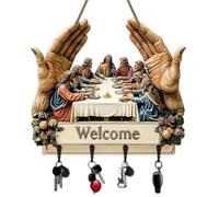 Générique 2D Flat Jesus Communion Wall Art Keychain Holder with 4 Hooks, Christian Autumn Wall Mounted Key Rack, Wooden Multifunctional Home Key Holder for Housewarming Gift,Friends,Family