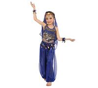 Générique 2Pcs Deguisement Indienne Fille Enfant Filles Costume De Danse du Ventre Robe Orientale Haut De Danse Et Pantalon Déguisement Oriental Robe Costume (Blue, XL)