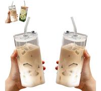 Générique 2Pcs Square Glass Cup with Lids and Straws, Portable Square Drinking Clear Tumblers 400ml/14oz, Heat Resistant Transparent for Milk Tea Juice Cups Coffee Mug (2 Pcs,Glass Lid)