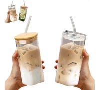 Générique 2Pcs Square Glass Cup with Lids and Straws, Portable Square Drinking Clear Tumblers 400ml/14oz, Heat Resistant Transparent for Milk Tea Juice Cups Coffee Mug (2 Pcs,Mix*2)