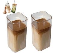 Générique 2Pcs Square Glass Cup with Lids and Straws, Portable Square Drinking Clear Tumblers 400ml/14oz, Heat Resistant Transparent for Milk Tea Juice Cups Coffee Mug (2 Pcs,No Lid)