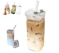 Générique 2Pcs Square Glass Cup with Lids and Straws, Portable Square Drinking Clear Tumblers 400ml/14oz, Heat Resistant Transparent for Milk Tea Juice Cups Coffee Mug (1 Pcs,Glass Lid)