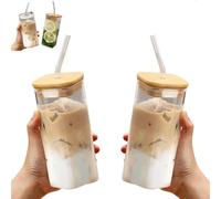 Générique 2Pcs Square Glass Cup with Lids and Straws, Portable Square Drinking Clear Tumblers 400ml/14oz, Heat Resistant Transparent for Milk Tea Juice Cups Coffee Mug (2 Pcs,Wooden Lid)