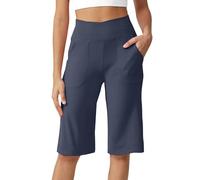Générique 3/4 Pantalon Fluide Femme Été Push Up Large Taille Haute Élastique Legging Corsaire avec Poches Décontracté Pantacourt Ample Yoga Jogging Survêtement Court pour Running Fitness Pilates