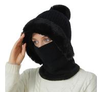 Générique 3 in 1 Women Beanie Hat with Scarf and Mask,Soft Warm Knitted Beanie Hats with Mask Pompom,Windproof Thick Plush Knitted Hat