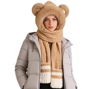 Générique 3 in 1 Womens Hat, Scarf and mittens set - Face Cover with Bear Ears, Winter Womens Ladies Warm Knitted Thicken Beanie Scarf for Commutes, Winter Walks, and Cold Weather Activities