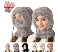 Générique 3 in One Knitted Lined Winter Hat,with Ear Flaps Neck Face Mask Set,Premium Knitted Warm Plush-Lined Adjustable Hood,Women's Outdoors Windproof Scarf Hat (Gray, Size)