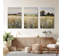 Générique 3 Parties Impressions sur Toile Ferme Fleurs Sauvages Decoration Murale Peinture Nature Prairie Tableaux Art Décoratif Muraux Décoration Salon, Maison Deco Chambre 40x60cmx3, Sans Cadre