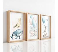 Générique 3 Pièces Impression sur Toile Decoration Murale Peinture, Moderne Tableau Decoration Murale pour Votre Decoration d’intérieur, Bohème Ours Ballon Rêveur, Bleu Ciel, (29.7 x 42 cm) x3