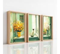 Générique 3 Pièces Impression sur Toile Decoration Murale Peinture, Moderne Tableau Decoration Murale pour votre decoration d’intérieur, Vintage Chat Fenêtre Confortable, Vert Herbe, (30 x 40 cm) x3