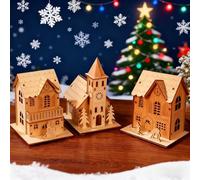 Générique 3 Pièces Village de Noël Lumineux en Bois, Décoration Noël avec Maisons Miniatures LED, pour Table et Sapin - Idéal pour Décor Intérieur de Fêtes