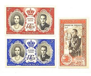 Générique 3 Timbres de Collection de Monaco, Authentiques et Neufs de 1950 et 1956. Avènement de Rainier III et Mariage avec la Princesse Grace. par des Livres Express