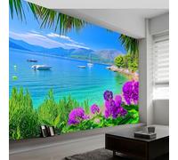 Générique 300 x 210 cmPapier Peint imprimée 3D Mer Méditerranée Plantes Palmiers Fleurs Tapisserie murale Panoramique Intissé Moderne, Décoration Murale, Écologique, Pour Salon Chambre, Bleu