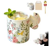 Générique 320ml Easter Bunny Cup, Ceramic Coffee Mug with Cute Bunny Handle, Cute Rabbit Themed Cups, Spring Flowers Tea Cups for Easter Spring Party Home Decor Gift (1PC)