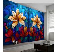 Générique 350 x 256 cm Papier peint panoramique Fleurs En Vitrail De Style Fantastique Murale, Poster et Tableaux Muraux Imprimés 3D, Papier peint intissé Bleu pour décoration chambre et salon