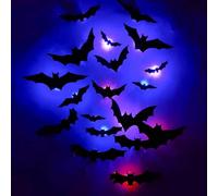Générique 3D Bat Design LED Decoration, LED Halloween 3D Bat Decorative Wall Stickers, Hanging Wall Luminous Glow Clings, Lighted Spider Stickers Decor for Home, Party (12pcs)