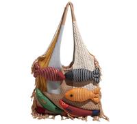 Générique 3D Fish Knitted Fringe Tote Bag,Large Capacity Shoulder Bag with Fish Decoration,Soft Knitted Yarn Patchwork Handbag