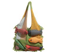 Générique 3D Fish Knitted Fringe Tote Bag,Large Capacity Shoulder Bag with Fish Decoration,Soft Knitted Yarn Patchwork Handbag